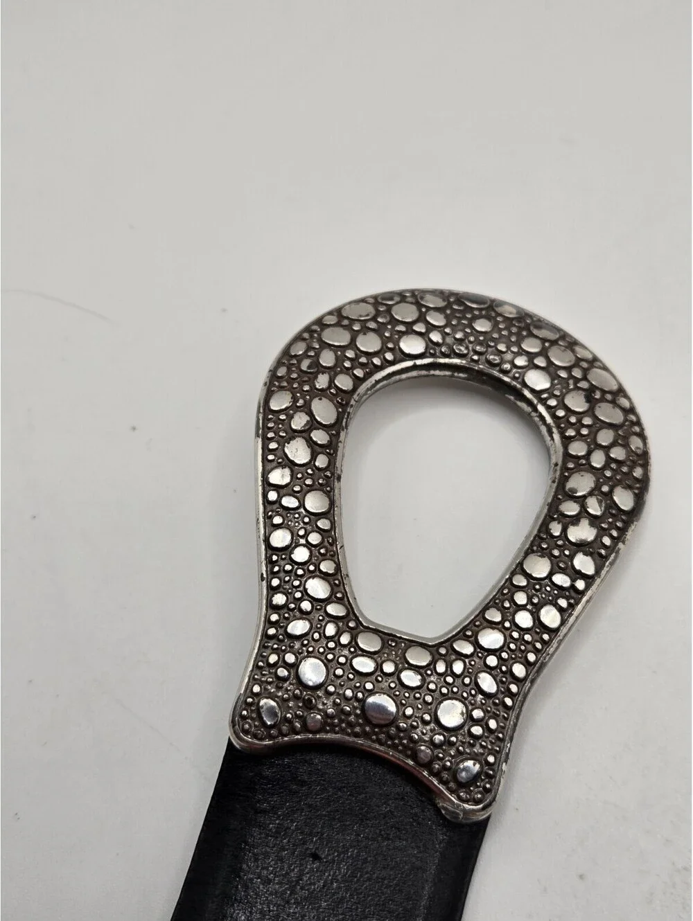 Chicos Vintage Black Leather Belt Ornate Silver Pebble Hook Eye Buckle Womens M